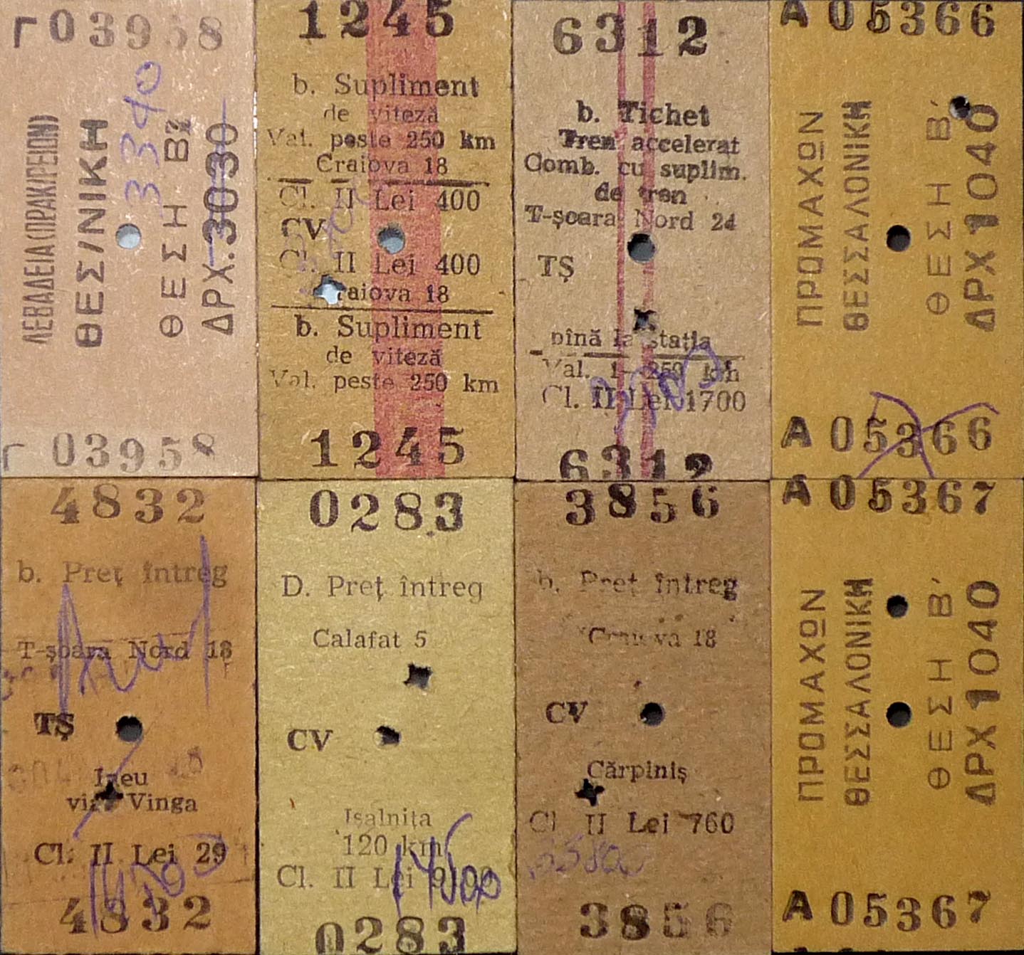 Lepenkové jízdenky z Řecka a Rumunska.