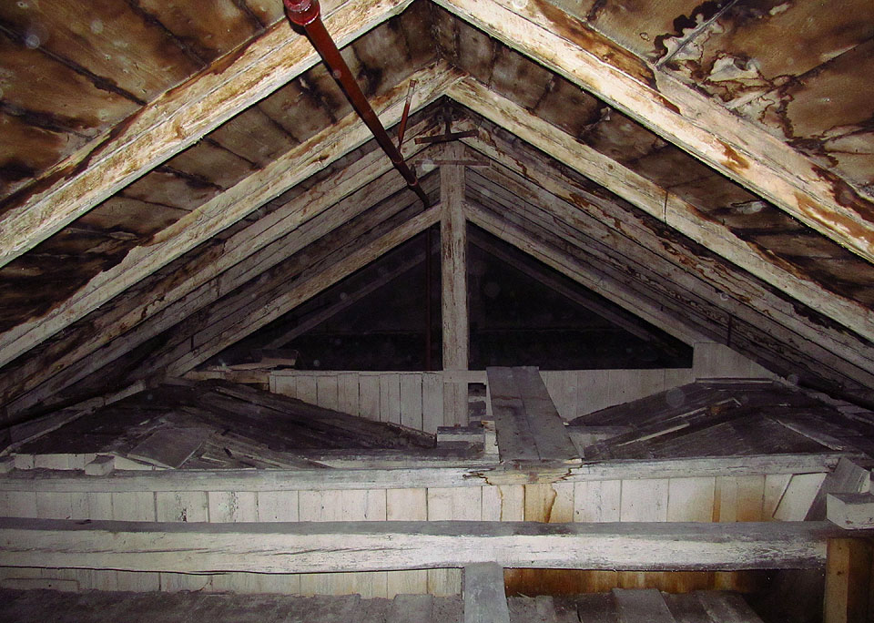 Vlhkost a plíseň kreslí podivuhodné obrazce na tlejícím trámoví krovů nejstarších budov. Tady už je každá snaha o záchranu marná.