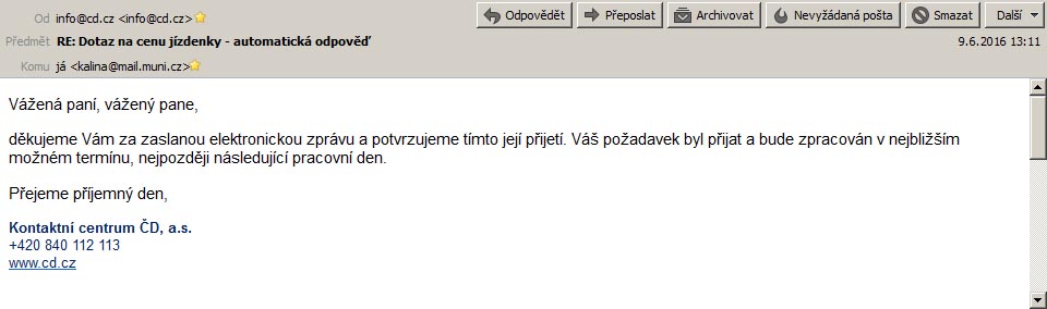 Odpověď robota ČD.