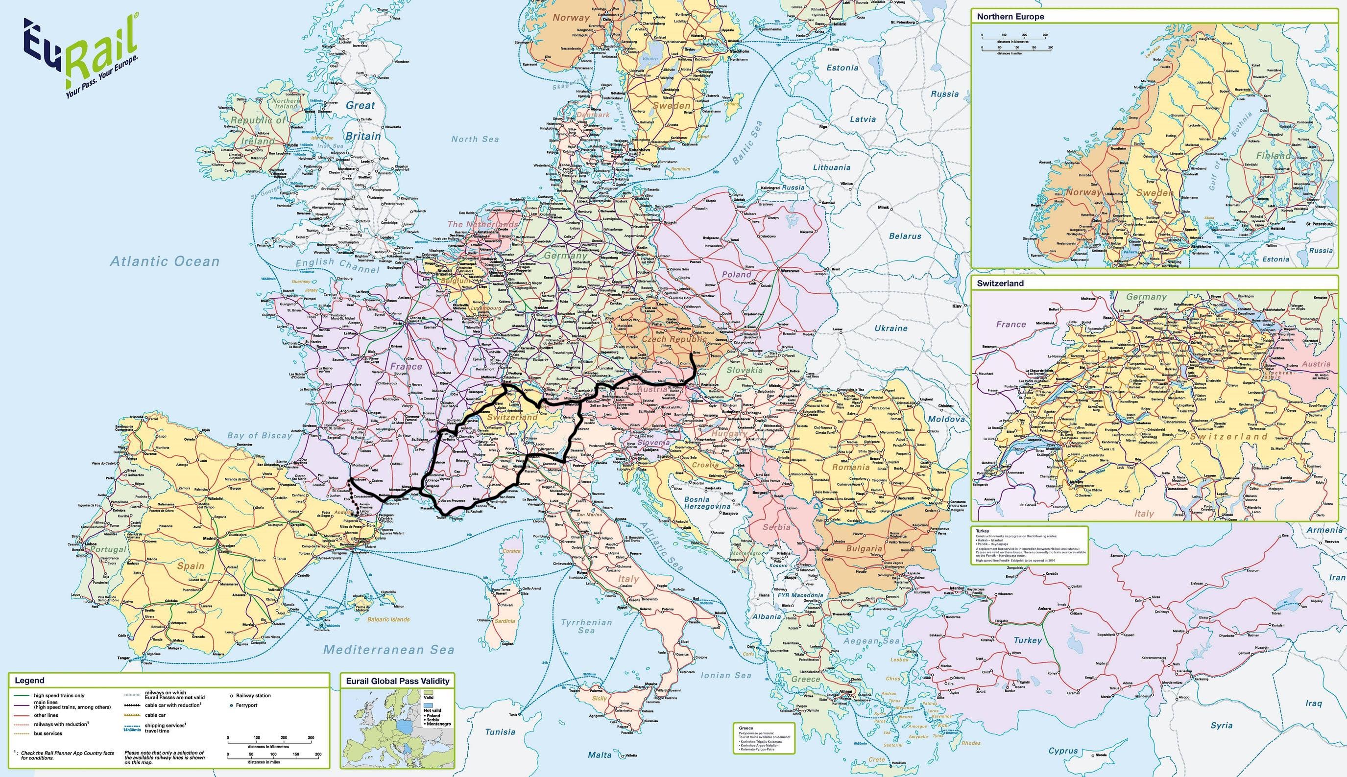Mapa přikládaná k jízdence InterRail se zaznačením mé cesty tam (severní větev) a zpět (jižní větev).