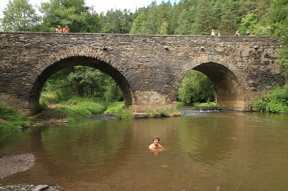 Ilič pod gotickým mostem v Rabštejně nad Střelou vyčkává, až náruživé turistky opustí vymezenou oblast. Stárnoucí turistky naproti tomu vyčkávají, až bude Iličovi dost zima, aby musel vylézt z vody a ony uviděly to, na co se tolik těší.