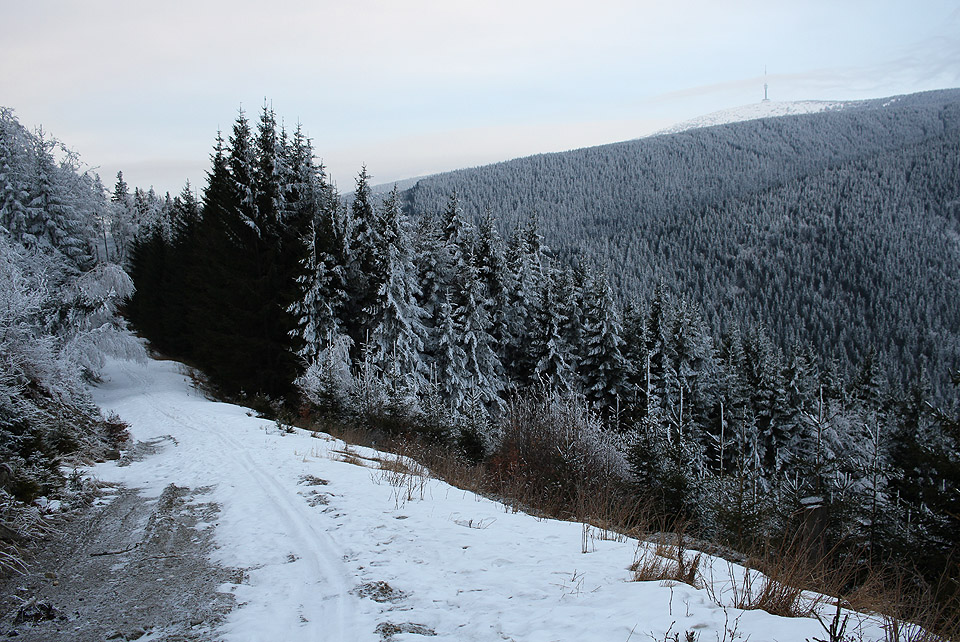 Před sjezdem na videlské sedlo se přihlásil ke slovu soumrak. Do světla jsme to na Švýcárnu nestihli.