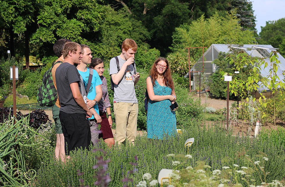 První zastávkou Čichové procházky Brnem byla Zahrada léčivých bylin lékařské fakulty Masarykovy univerzity. Velmi ochotný šéf zahrady nám představil aromaticky nejzajímavější rostliny a dostali jsme dokonce ochutnávku z výluhů některých kořenných bylin.
