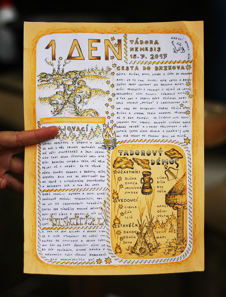 Zápis z prvního dne jsem do táborové kroniky stvořil společně s Nancy.