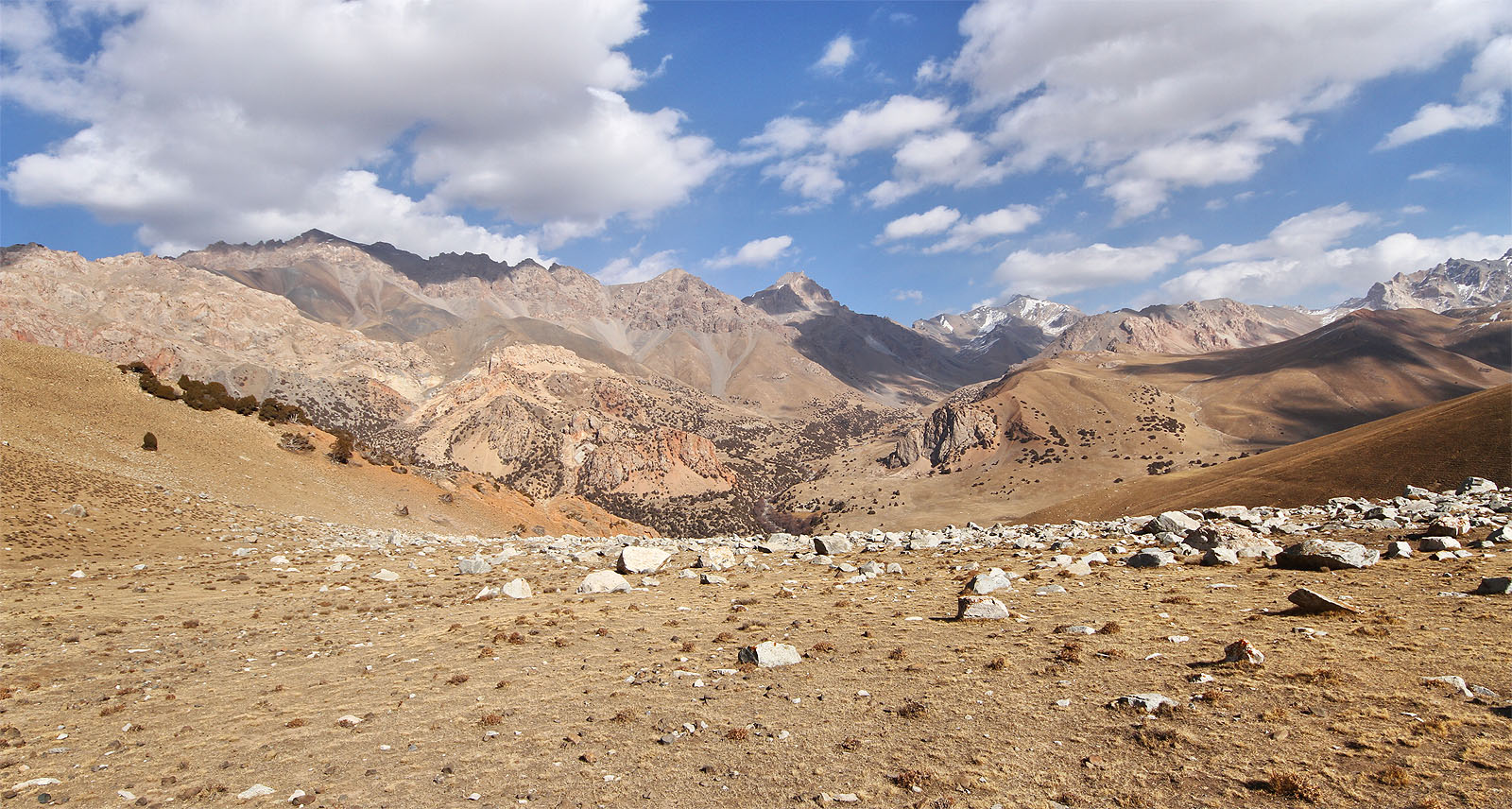 Za prvním horským sedlem ve výšce 3600 m se našim očím otevřel rozhled na široký amfiteátr, který se táhl až k ledovcovým údolím na obzoru.