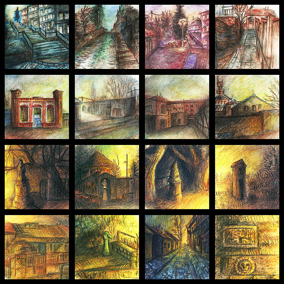 Tak vypadaly krásné ilustrace, kterými hru doprovodila kamarádka Spyro. Každý, kdo našel odznáček nebo důkazní lístek, odnesl si zmenšený obrázek domů. Na závěrečném setkání pak Svišť 2 všech 16 originálů vydražil zájemcům z řad účastníků hry.