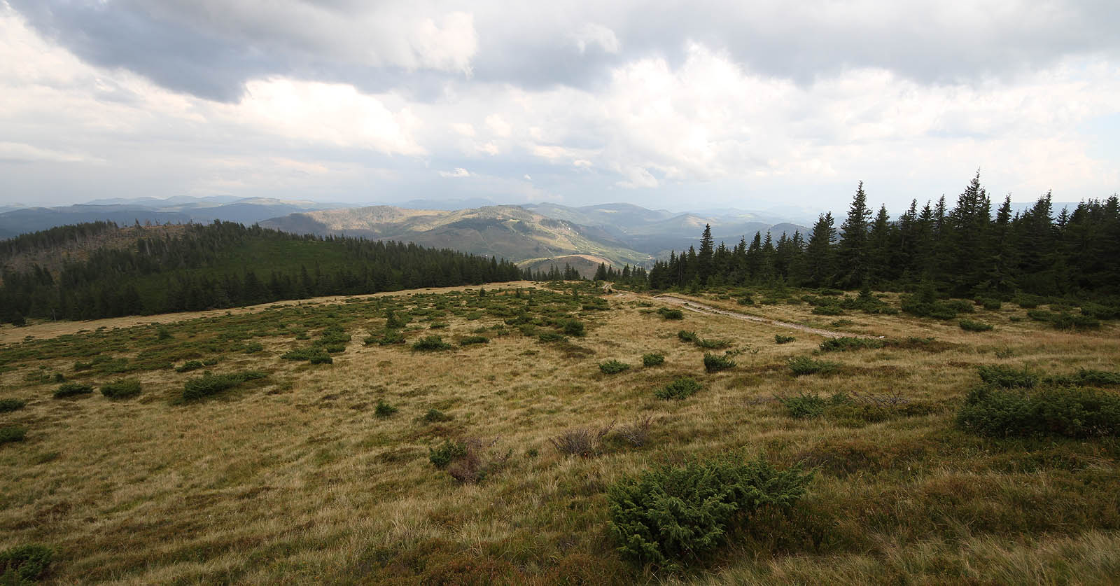 Výhledy směrem na Ukrajinu k nejvyšší ukrajinské hoře Pip Ivan. Nekonečné pláně podél hranice jsou prakticky liduprázdné, bez cest a značek jsme brzy zabloudili. Na některá místa lidé nevstoupili snad desetiletí, je tu absolutní ticho a klid - díky tomu by tu nebyl problém pašovat prakticky cokoliv.