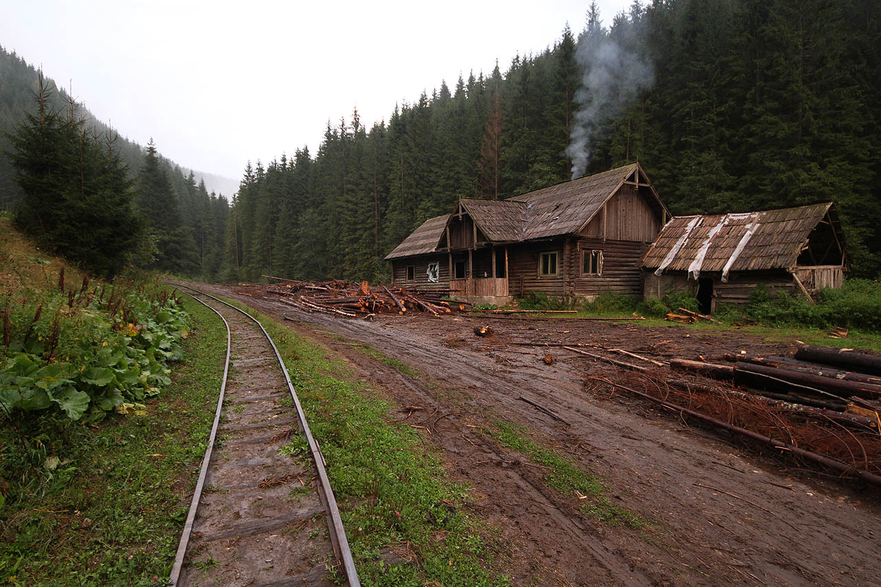 Promočení jsme na noc našli útočiště v opuštěném dřevorubeckém srubu. Postavil se nám do cesty jako v pohádce: tři postýlky, stůl a kamna, zásoby suchého dřeva v okolí a pod okny úzkorozchodná trať.