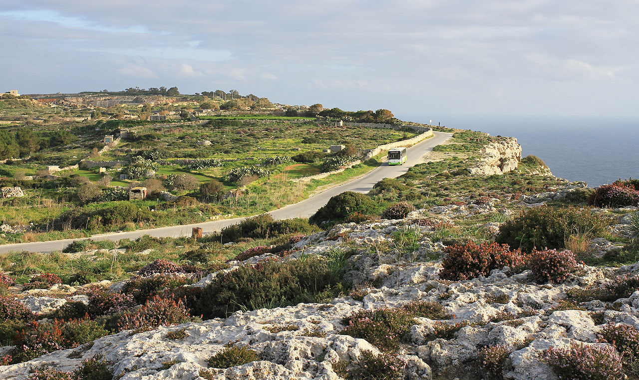 Po úzké silničce jednou za půl hodiny projede autobus. Celá Malta včetně ostrova Gozo tvoří jeden integrovaný dopravní systém, na který platí celodenní jízdenka. Za den se dá dojít na ostrově pěšky kamkoliv, ale autobusem jste tam do hodiny.