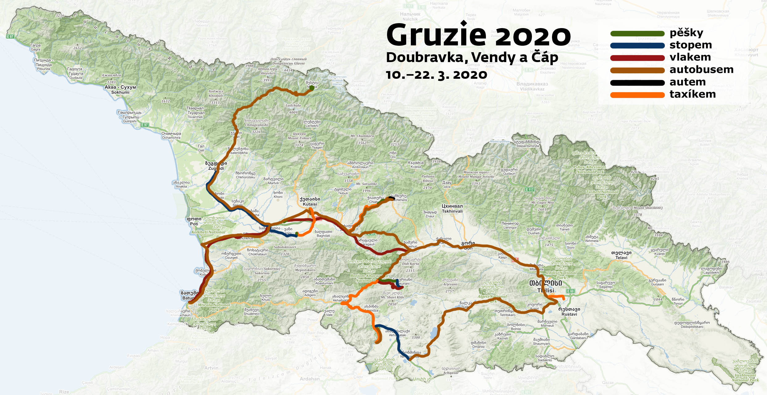 Naše putování předjarní Gruzií mělo spoustu podob. Hodně jsme najezdili vlakem, ale taky autobusem nebo taxíkem.