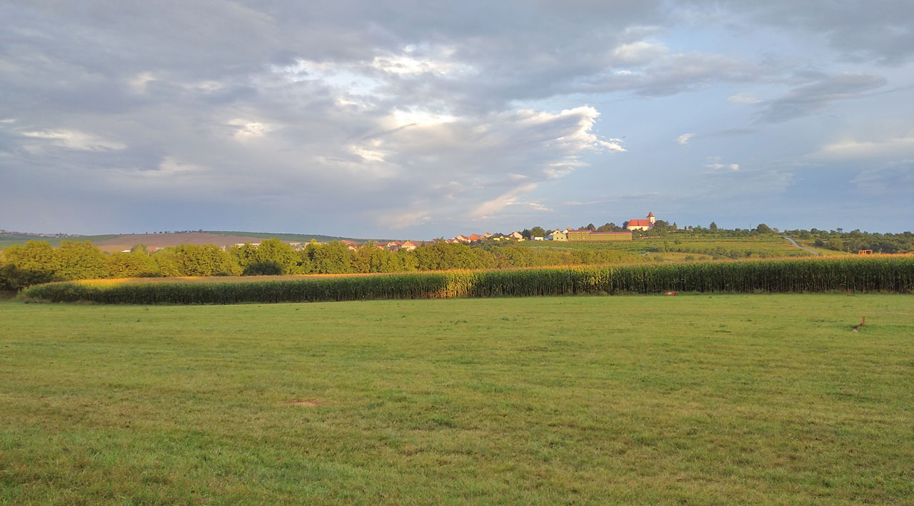 Pohled na kostel sv. Anny v Bořeticích od letiště Kraví Hora.