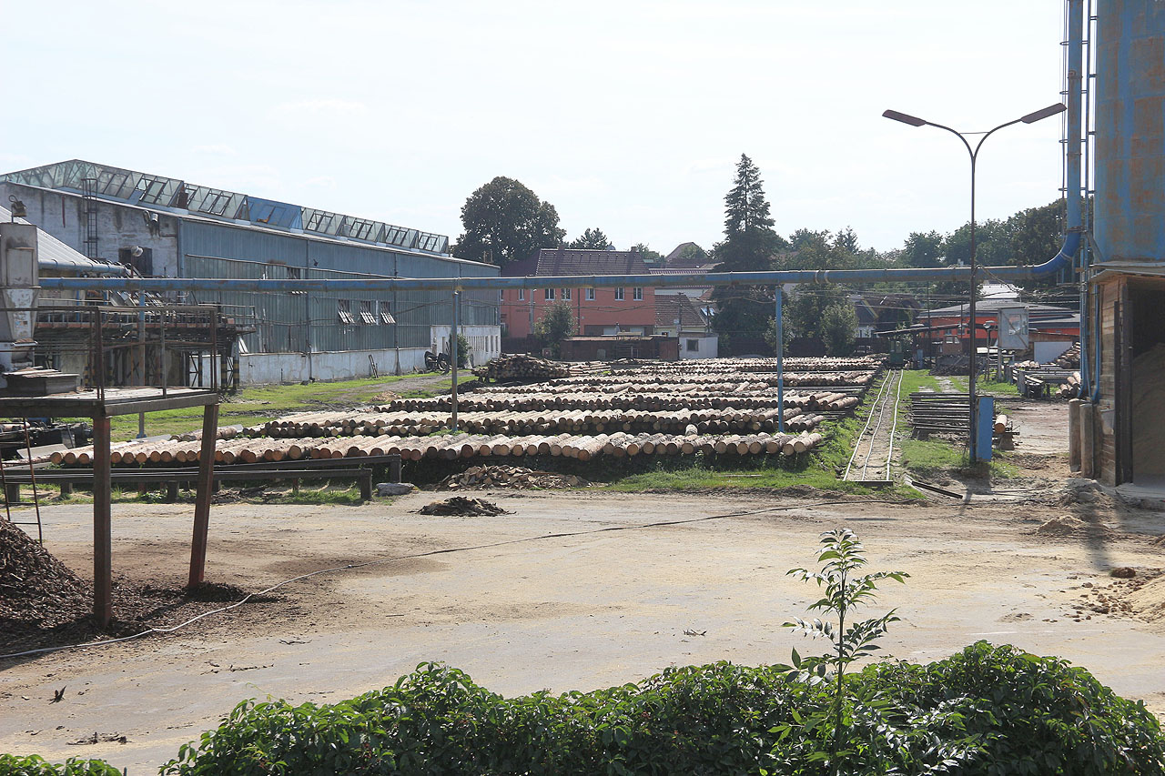Jeden pohled přes plot na pilu. Fragmenty úzkokolejek tu slouží dodnes.