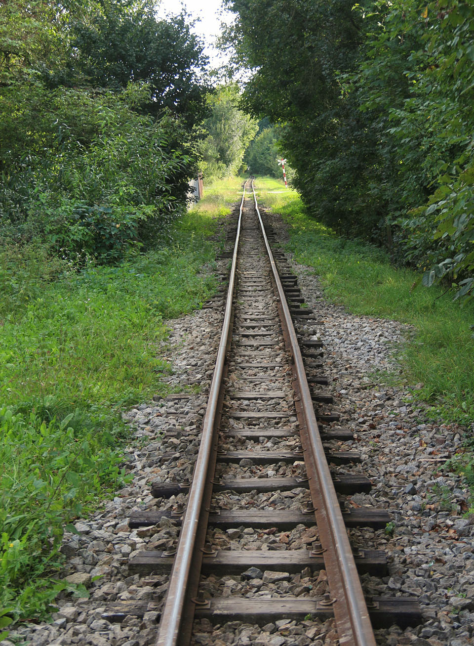 Pokračování trati přes přejezd mezi ulicemi Dolní a Zahrady v Babicích u Rosic.