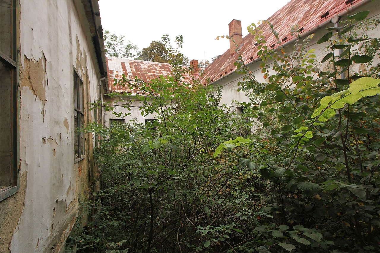 A pohled do deštivého dvora.