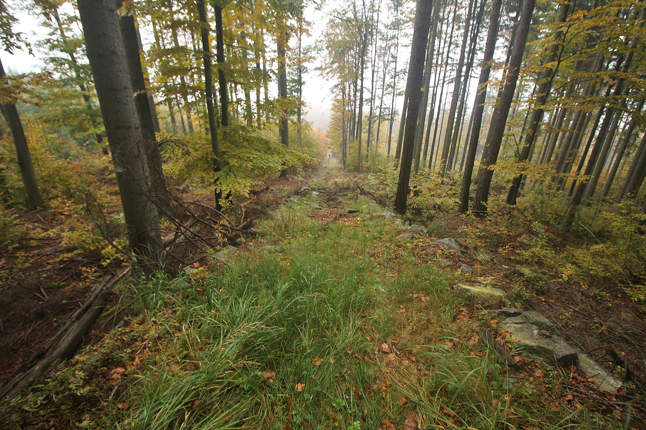 Pohled dolů po svážnici dlouhé několik stovek metrů.
