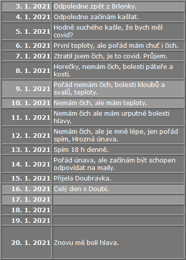 Jediná dokumentace, kterou mám z období svého onemocnění covidem, jsou mé kalendářní zápisky.