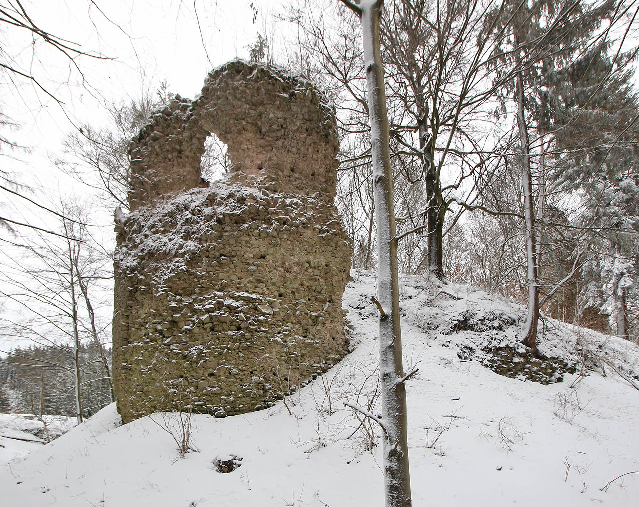 Společně jsme aspoň vylezli zasněženým svahem na krad Kynžvart. Podle stop jsem tu byli asi úplně první. Škoda jen, že pod sněhem se nám nepodařilo najít pozůstatky místního židovského hřbitova, netypicky umístěného daleko za městem v lese.