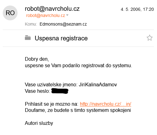 Registrační email z 4. května 2006. Tedy z doby, kdy měla hesla jen 5 písmen a posílala se běžně emailem. Autoři doufali správně, byl jsem spokojen.