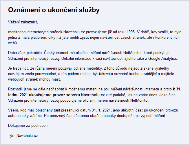 Oznámení o ukončení služby. Další drobný střípek do mozaiky vývoje českého internetu je úplný.