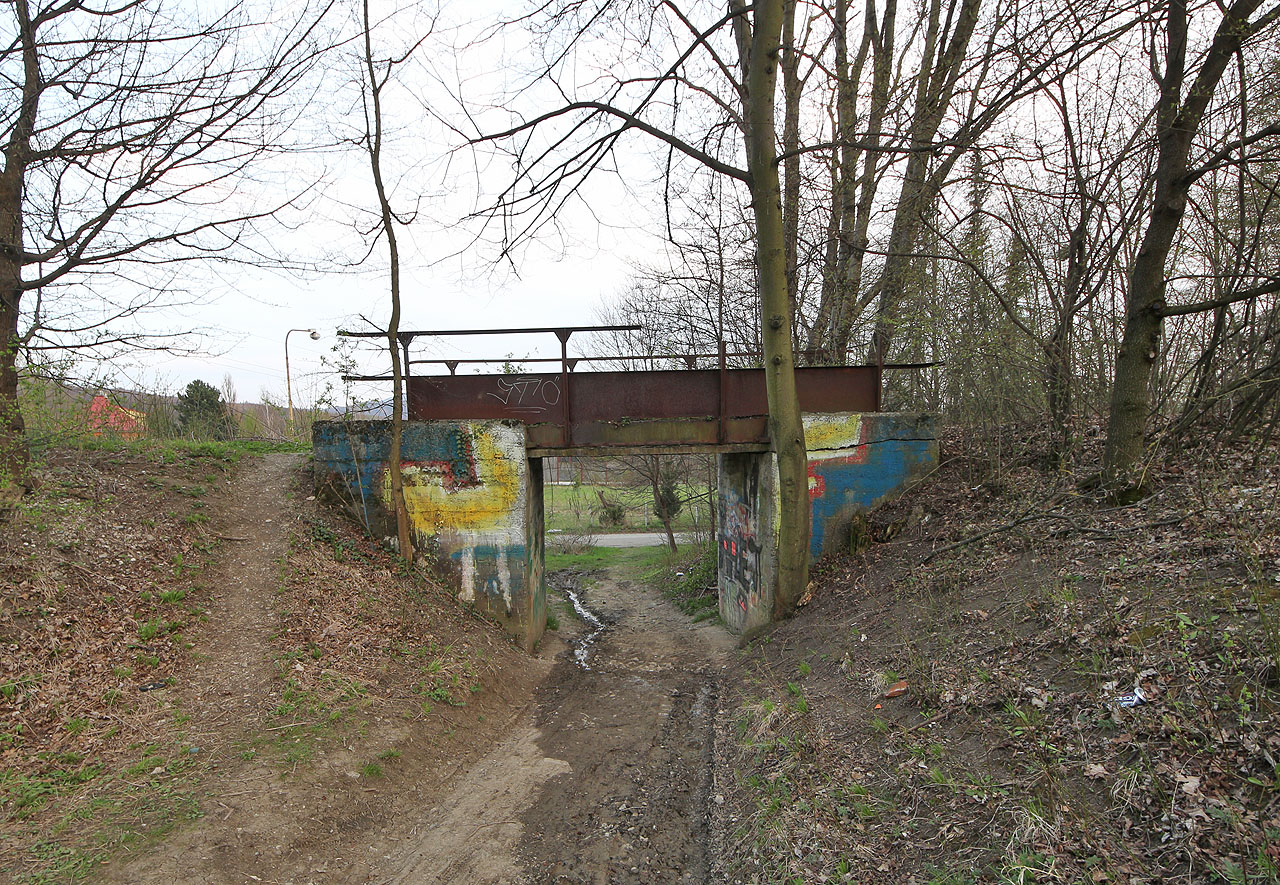 Zbylo toho z ní docela dost. Kromě vysypávací rampy taky náspy, patky mostu přes silnici a celý mostek přes polní cestu pod Horečkou.