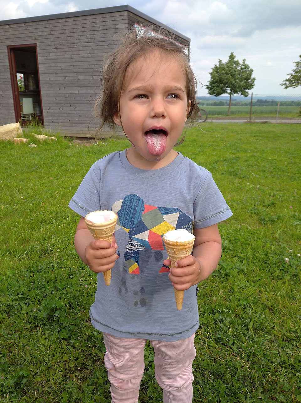 Soborní výprava na rozhlednu a zpět skončila u proslulého zmrzlinového stánku na okraji Lanškrouna. Gréta říká něco jako: „já doma taky vždycky toustám ze dvou“.