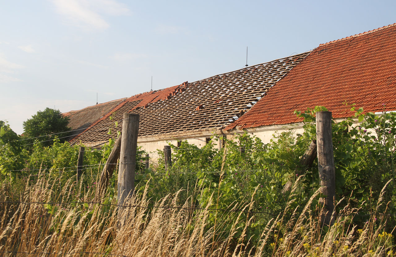 Většina zemědělských budov v pobočných křídlech se rozpadá.