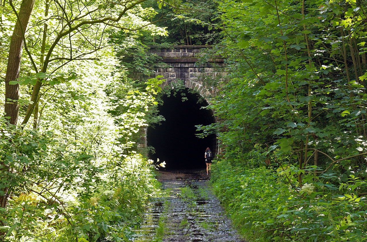 Západní portál <a href="/Tema/Ogorzelecký tunel">Ogorzeleckého tunelu</a>. Tady už si koleje někdo odvezl.