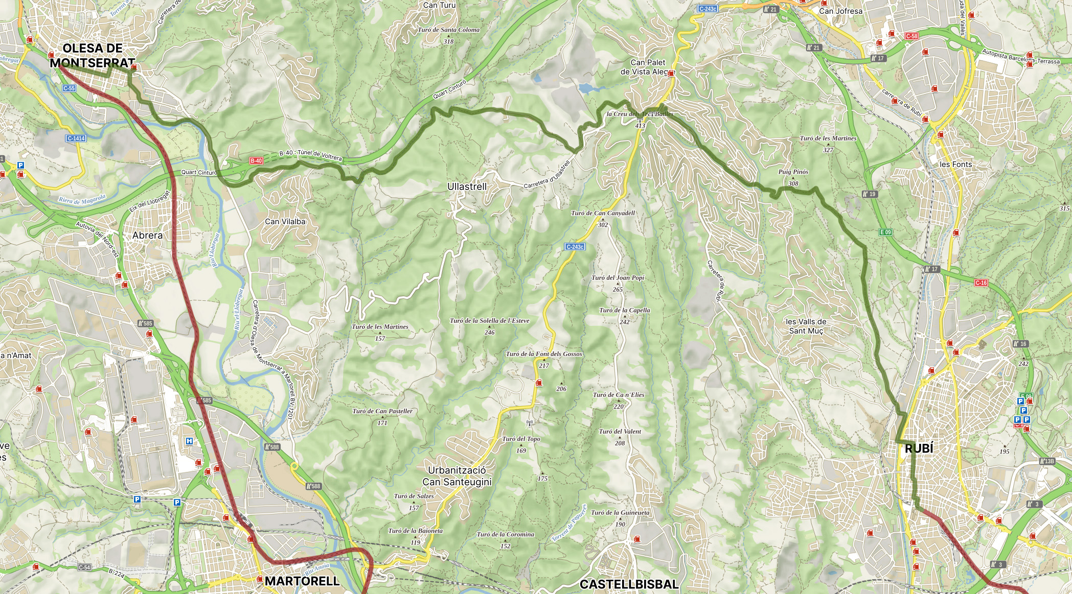 Celková trasa  = zelená čára od východu (do Rubí jsme s kolegyní Ninou přijeli vlakem = červená čára) k západu (do Olesy na vlak jsem došel sám před západem slunce = červená čára) měřila jen asi 22 km. Musel jsem ale přiznat sobě i ostatním, že jsem ve vyprahlé kopcovité krajině měl, co dělat, abych ji ušel.