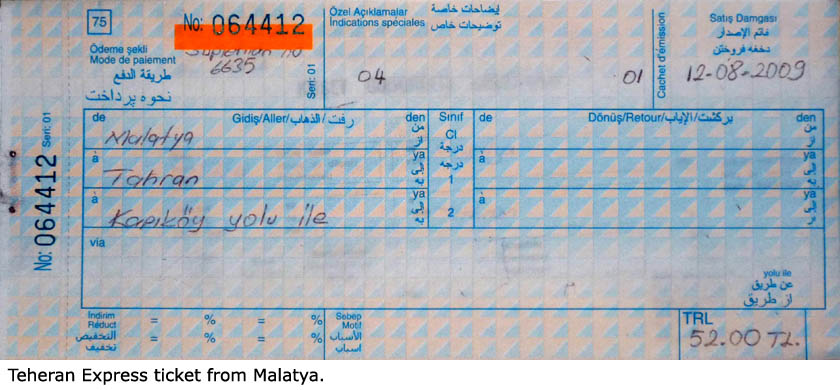 Jízdenka na Teheránský expres z Malatyi.
