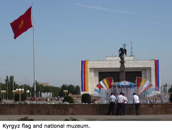 Kyrgyzská vlajka a národní muzeum.