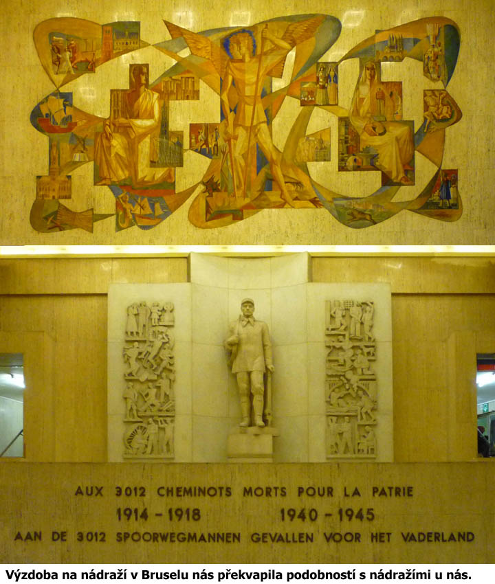 Budovatelská výzdoba na hlavním bruselském nádraží.