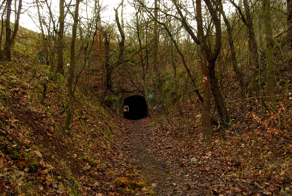 Při pohledu na zářez s tunelem vytanou na mysli úzkokolejné vozíky s kamennými bloky, nazývané „hunty“, parní nebo motorové lokomotivky, kamení, prach, hlasy dělníků v lomu a zvonivý zvuk nárazů kovu na bílý kámen.