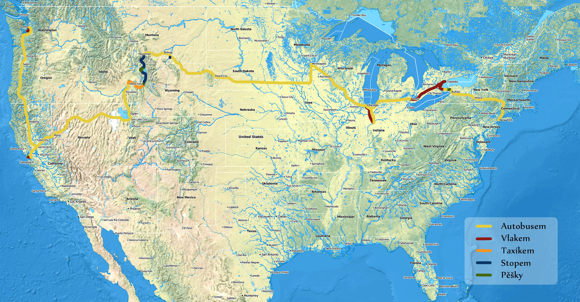 Na cestu se vydáváme v pozdních večerních hodinách z brněnského hlavního nádraží. Cílem je projet napříč USA a navštívit také Kanadu. Zvládneme všechno bez problémů?