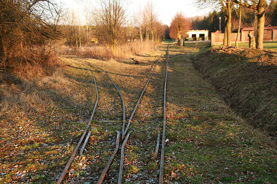 Odbočení severní větve drážky v areálu nadlesnictví v Hajnówce. V pozadí jedna z moderních budov depa.