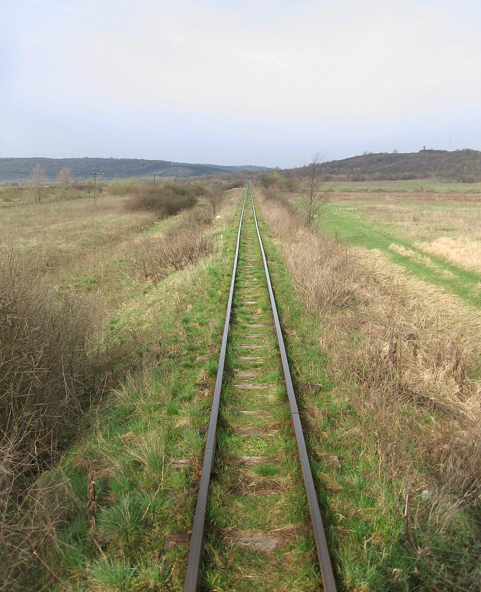 Krajina se začíná mírně vlnit, ale k horám je to stále ještě skoro hodina jízdy. Maximální povolená rychlost na Boržavské drážce činí 30 km/h.