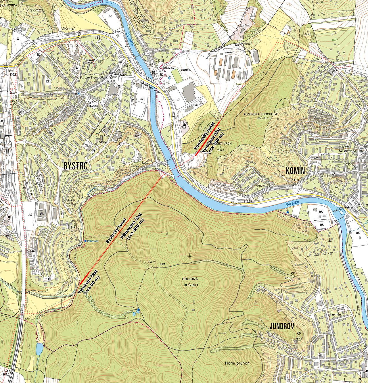 Na mapce je dobře vidět krátkou vyraženou část Bystrckého a kompletní Komínský tunel (souvislá červená čára), nedokončenou část Bystrckého tunelu (tečkovaně) i okolní plánované povrchové horkovody (průsvitně tečkovaně).