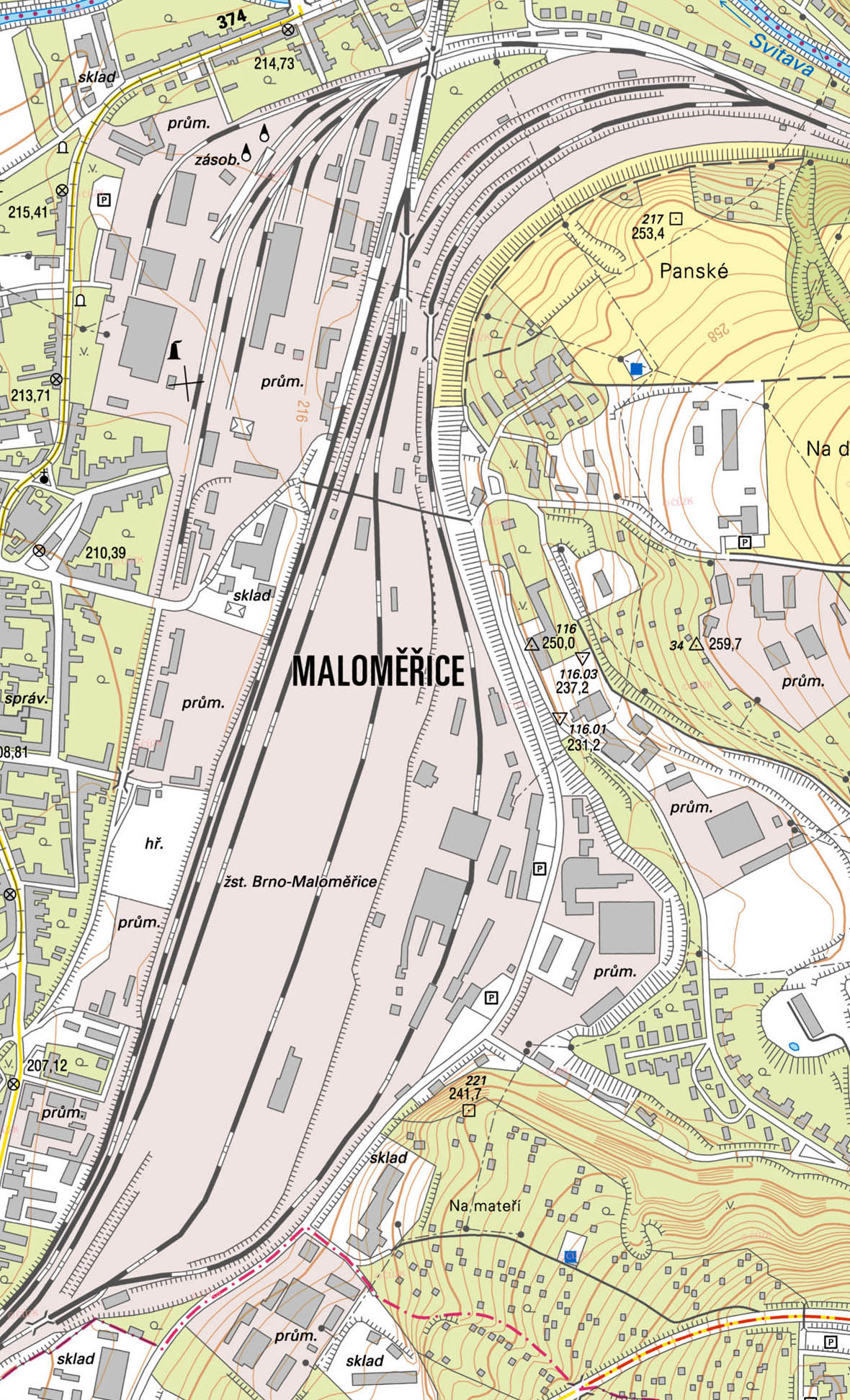 Prostor železniční stanice Brno-Maloměřice na katastrální mapě z roku 2017.
