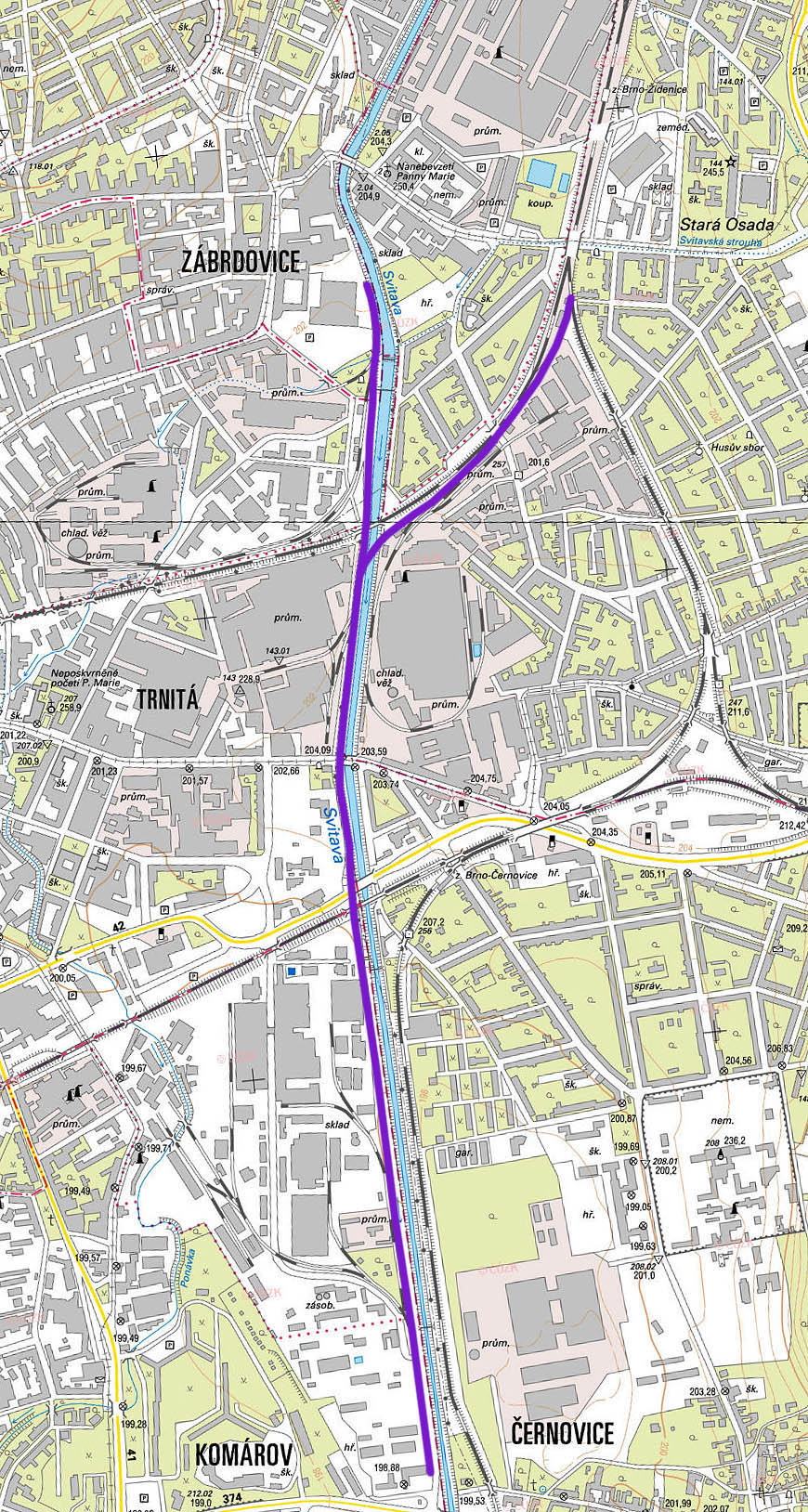 Rozsah Svitavské pobřežní dráhy v roce 2014.