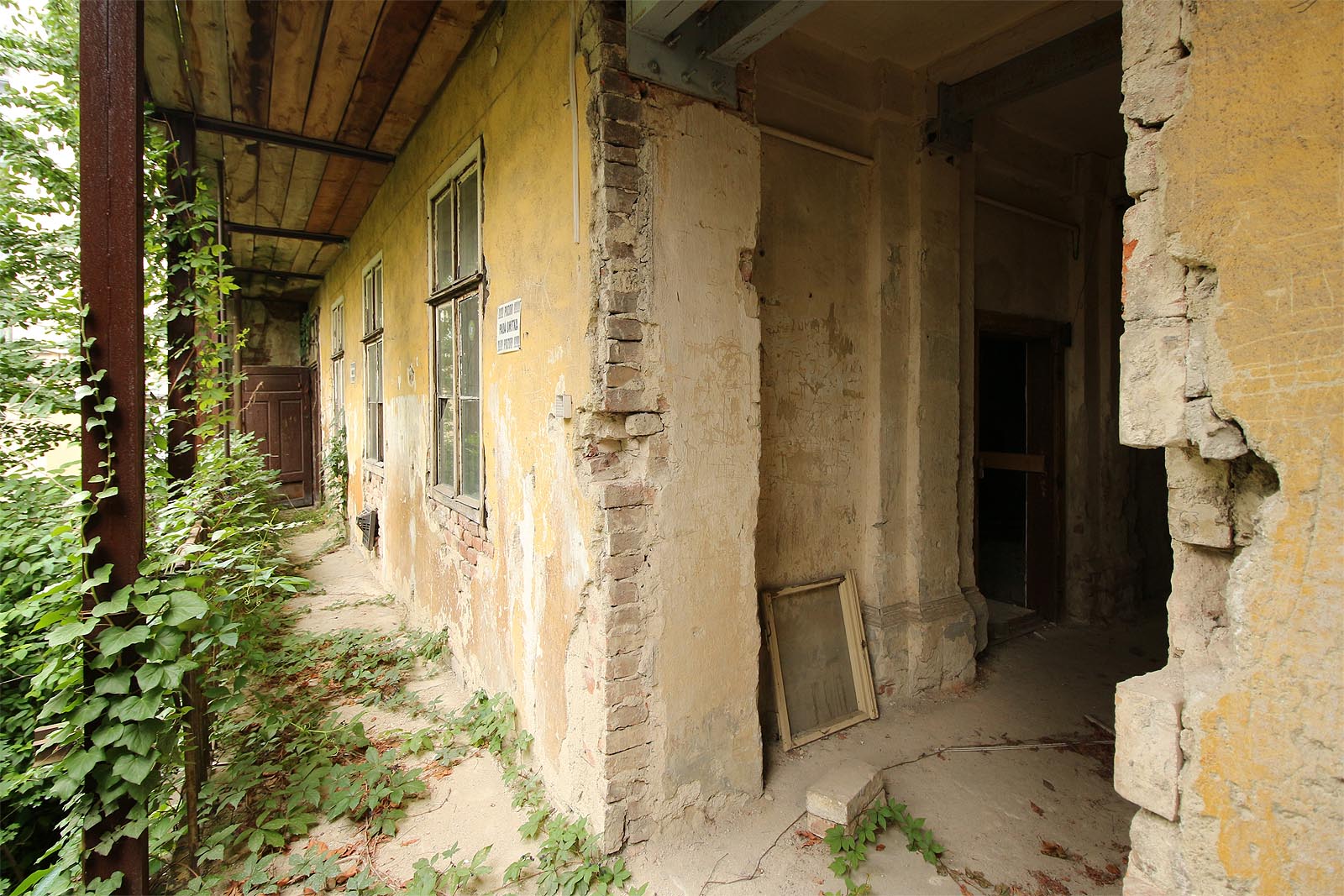 Tady se nelze ubránit vzpomínce na pohádku o Šípkové Růžence. Psí víno šplhá po sloupoví ocelové konstrukce, která měla dům uchránit před zhroucením poté, co jeho statiku narušily podzemní práce při ražbě tunelů Dobrovského.