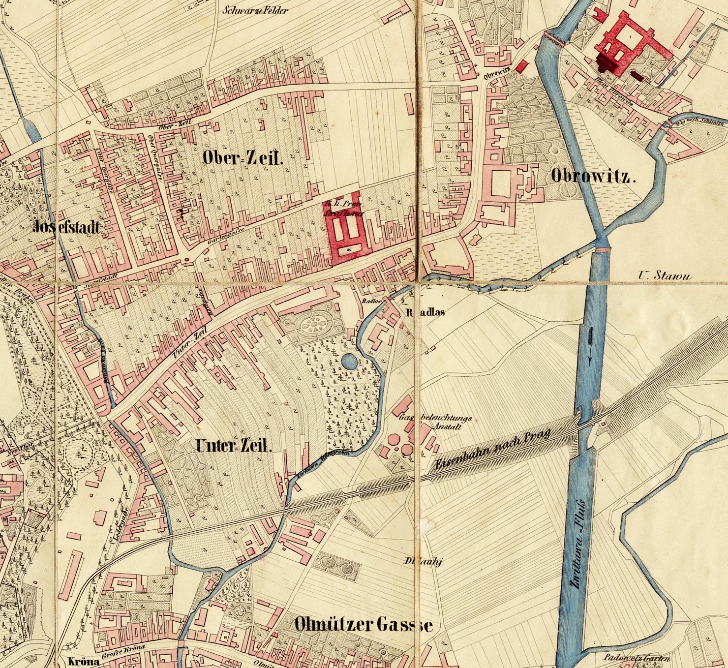 Mapka Horního a Dolního Cejlu z roku 1858. Zatímco Horní Cejl se postupně měnil v obytnou čtvrť dělníků z textilních továren, průmysl sám se rozpínal na Dolním Cejlu, kde postupně pohltil dvory a okrasné zahrady původně honosných staveb až ke břehu Svitavského náhonu.