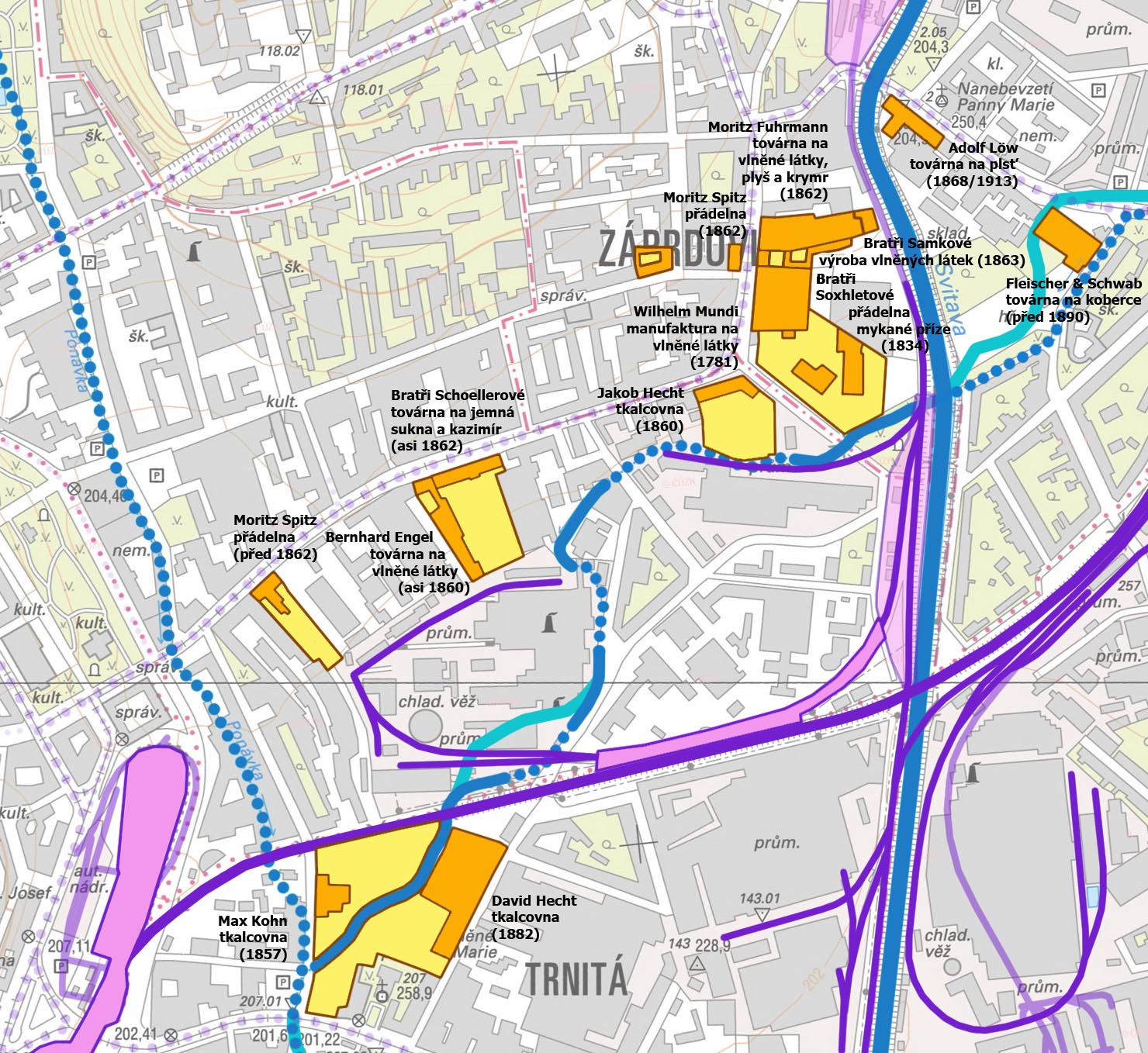 Tak vypadá současná mapka Cejlu s vyznačením bývalých textilních továren, kolejové dopravy a existujících i zaniklých vodních toků. Dokonalá změť průmyslového města, na kterou by mělo být Brno hrdé. ne se ji snažit sterilizovat způsobem, kterým postihl nebohou Vlněnu.