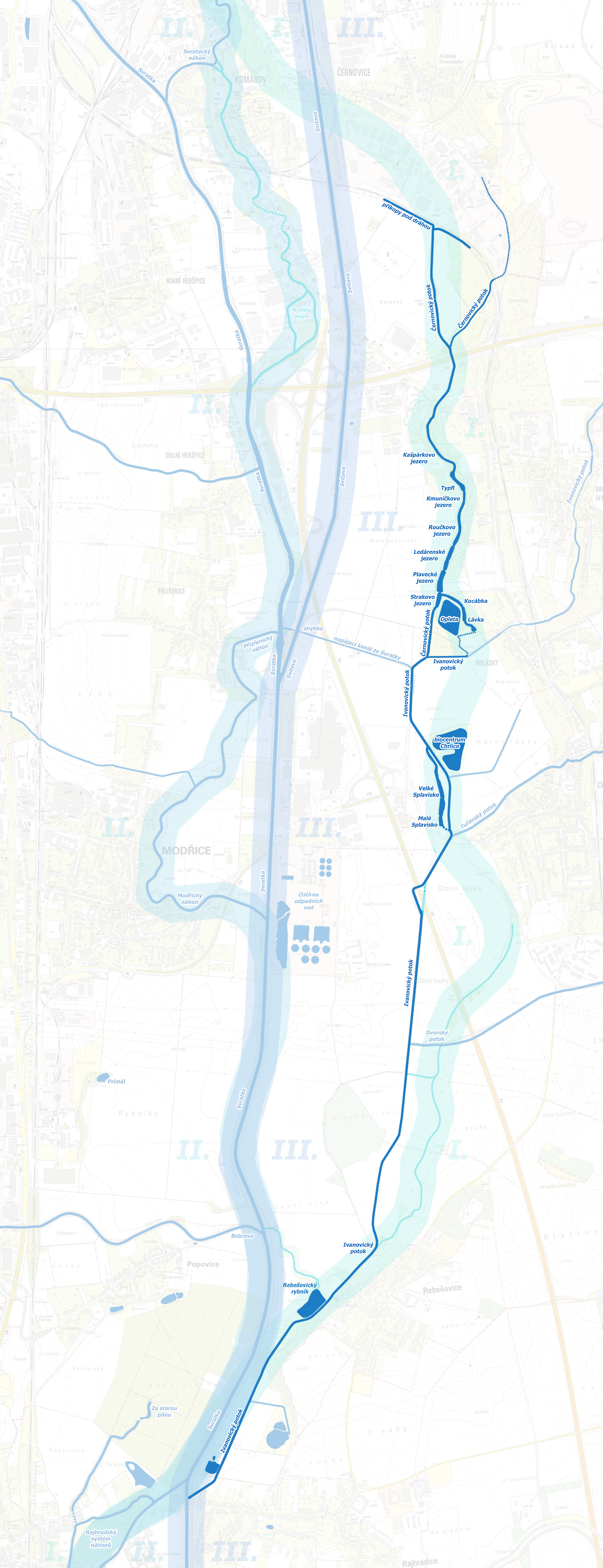 Mapka vodních toků v Brně a pod Brnem, se zvýrazněním Černovického potoka a na něj navazujícího Ivanovického potoka až do Rajhradic, kde se vlévá do Svratky. Na první pohled je patrné, že Černovický a posléze Ivanovický potok sleduje tok Svitavy a posléze Svratky od severu k jihu.