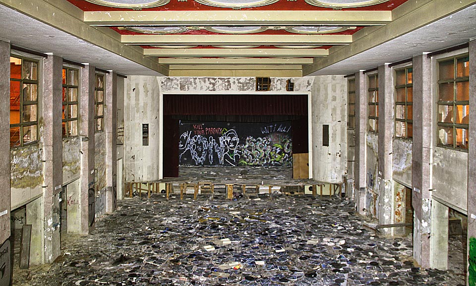 Dominantním prvkem v sále byl na červeno natřený strop s bílými kruhovými vlysy. Po požáru žel poněkud změnil barvu.