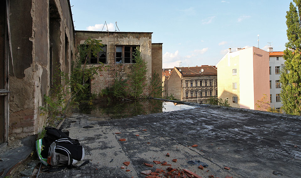 Ze třetího poschodí lze vystoupit přímo na plochou střechu budovy, která skýtá přepychový výhled do okolních dvorků a na střechy Horního i Dolního Cejlu.