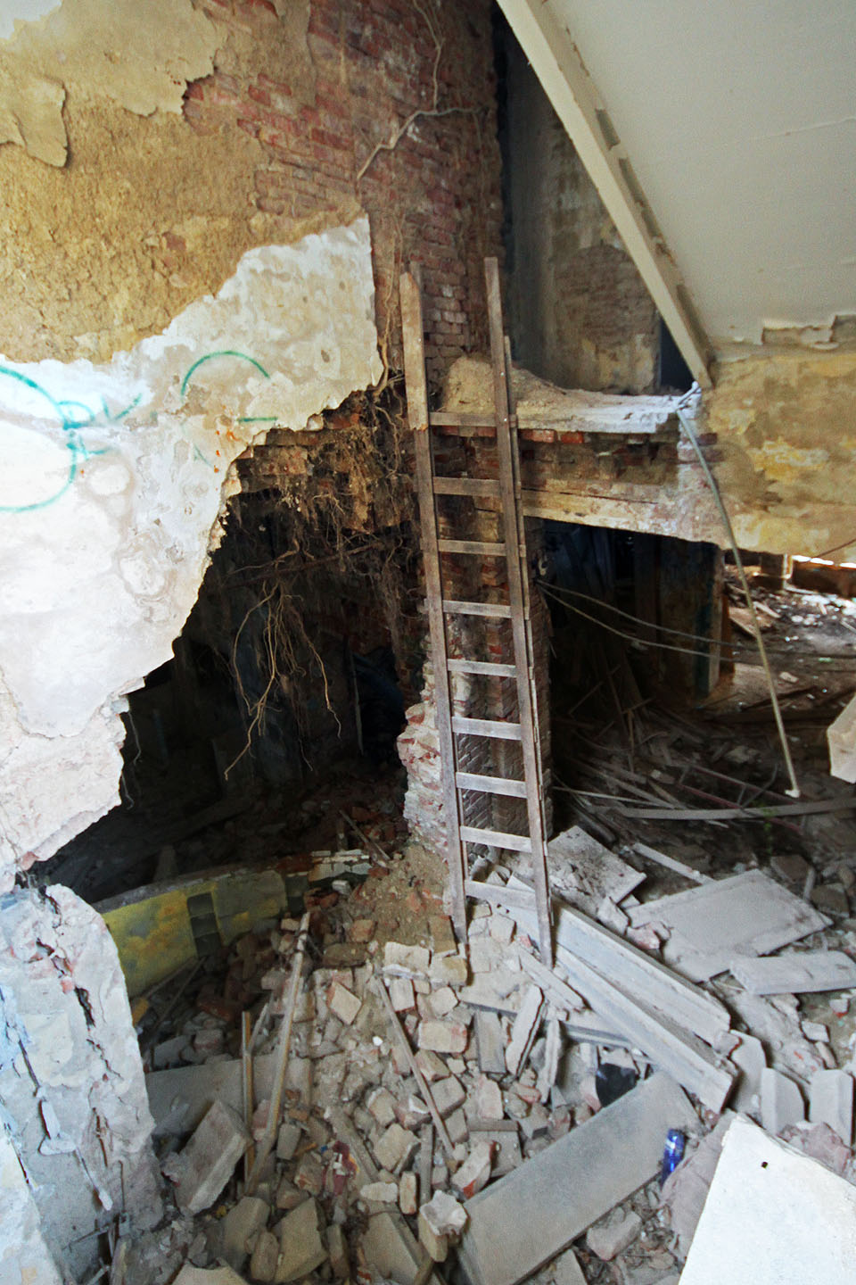 Přesto existují i v prostředí, kde už je těžko i jen rozeznat, v kterém patře se člověk nachází, cestičky kudy do ruin kdosi vnikl. Riskoval při tom ovšem život.