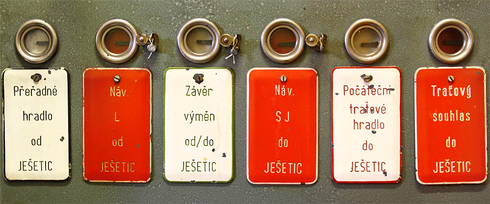 Barevné (černé, bílé, zelené a červené) clonky informují výpravčího a aktuální poloze výhybek a návěstidel.