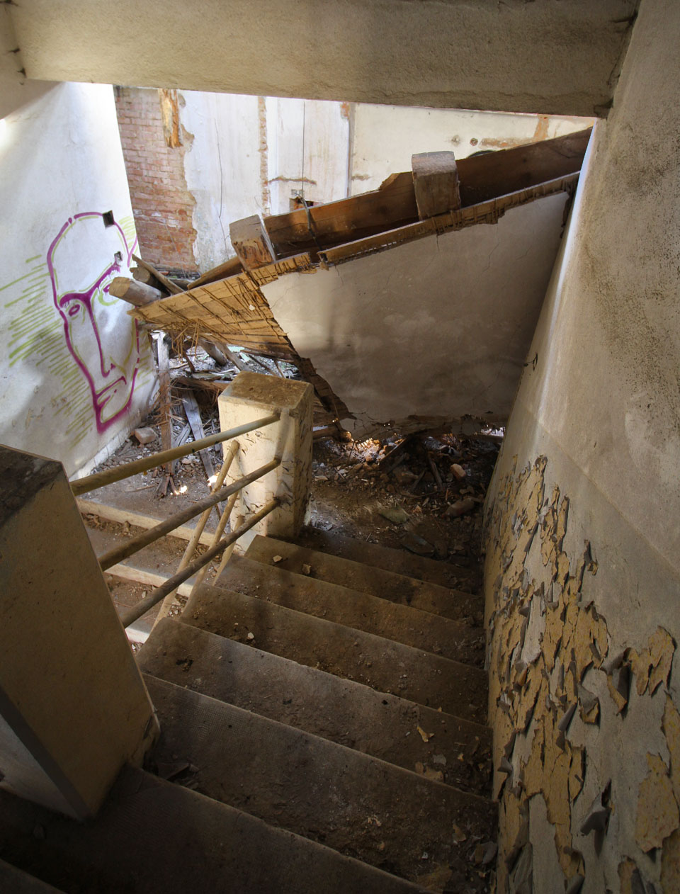 Zahloubaná tvář na schodišti nám připomíná fantóma zdejšího hotelu. Vyrovnaně hledí do zkázy, která jako by se ho ani netýkala.