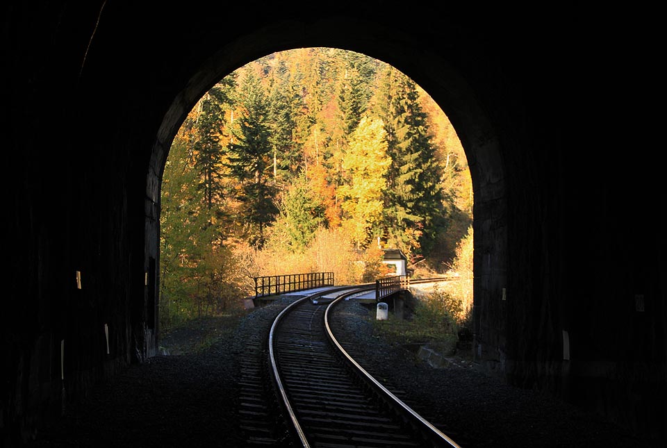 Pohled na oblouk trati skrze severní portál Jívovského tunelu.