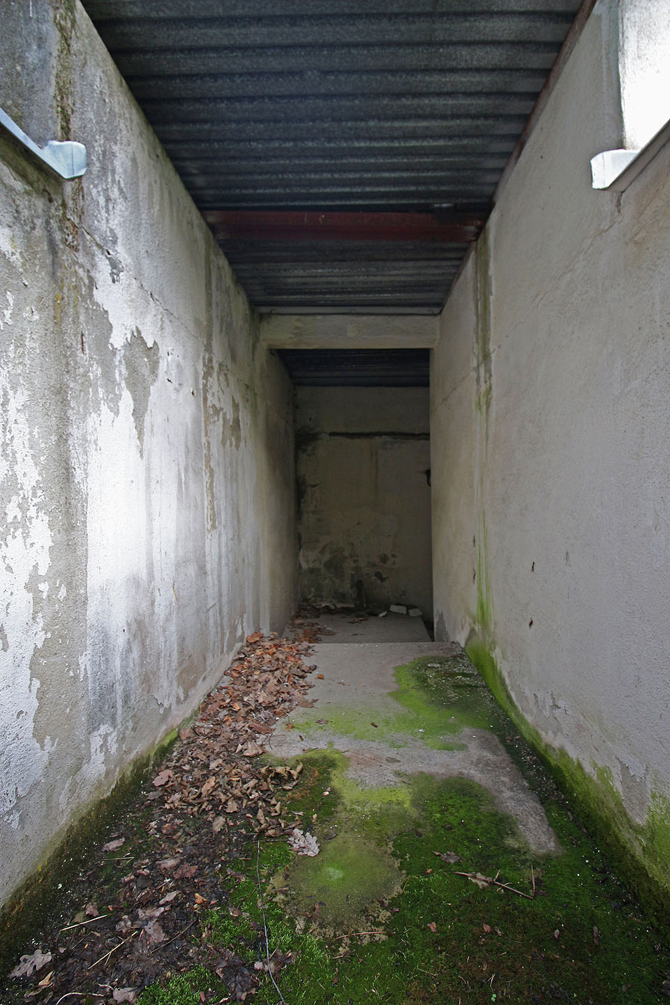 Vstup do krytu z východní strany. Schodiště není shora uzavíratelné, proti povětrnosti je chráněno jen chatrnou plechovou stříškou a nesymetrickou dvojicí zdí.