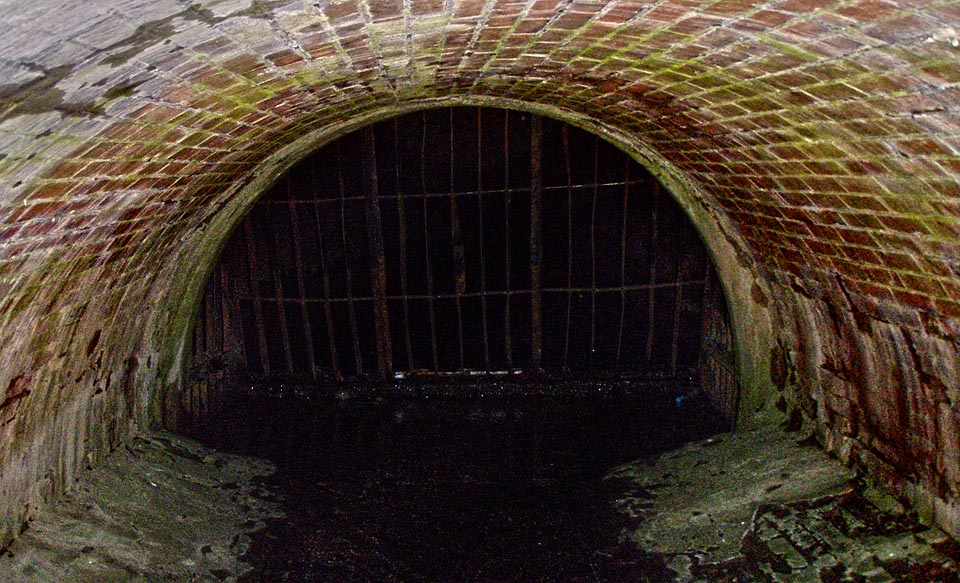 Vtok do tunelu pod čínským pavilónem na Cibulce. Motolský potok se už na světlo nepodívá. Do Vltavy je to odsud 4251 m, portál obrůstají zelené řasy.